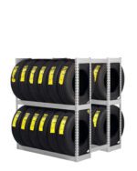 Two shelves filled with stacked car tires, each with a yellow label, arranged in a metal rack against a white background.