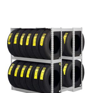 Two shelves filled with stacked car tires, each with a yellow label, arranged in a metal rack against a white background.