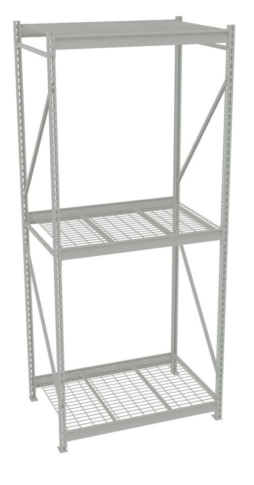 h4pybiuctd6jm465sgxh.jpg A gray metal shelving unit with three open shelves, designed with a grid pattern on each shelf. The structure is supported by vertical and diagonal reinforcements, suitable for storage in industrial or garage spaces.