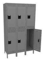 A set of six gray metal lockers arranged in two rows. Each locker has a black handle. The locker on the bottom right is open, revealing its empty interior. The other lockers are closed.