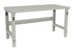 A gray metal workbench with an adjustable-height frame and a flat rectangular top. The design is simple and sturdy, suitable for industrial or workshop use.