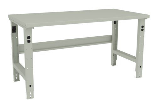 A gray metal workbench with an adjustable-height frame and a flat rectangular top. The design is simple and sturdy, suitable for industrial or workshop use.