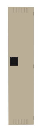 A tall, narrow beige locker door with a black handle in the center. The door features ventilation slits at the top and bottom. The background is plain white.