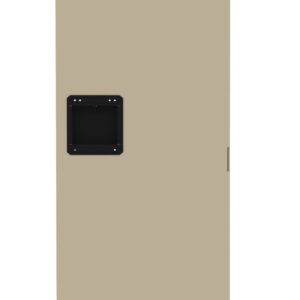 A tall, narrow beige locker door with a black handle in the center. The door features ventilation slits at the top and bottom. The background is plain white.