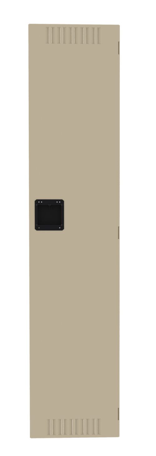 A tall, narrow beige locker door with a black handle in the center. The door features ventilation slits at the top and bottom. The background is plain white.