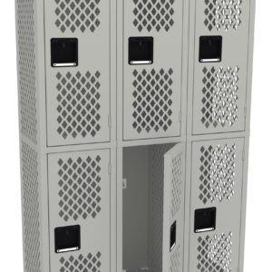 A set of six gray metal lockers with perforated diamond-shaped patterns. One locker is open, revealing an empty interior. The lockers have black rectangular panels for labeling.