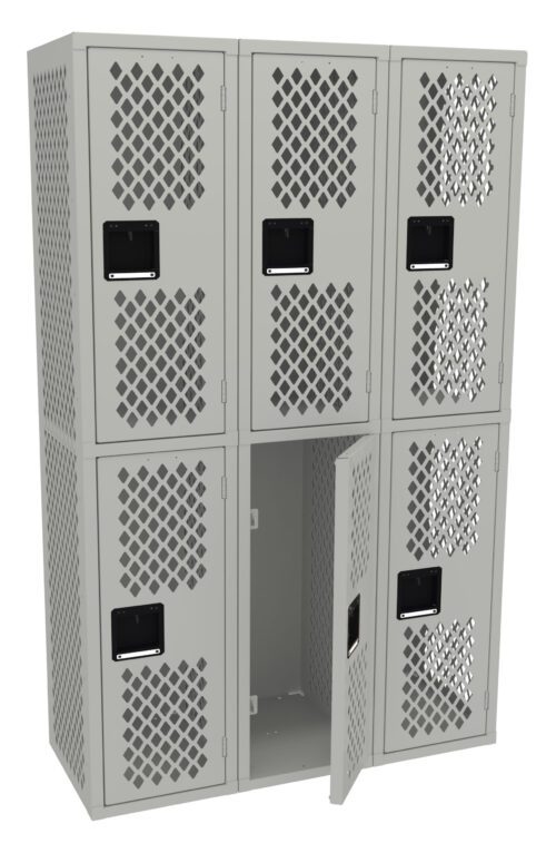 A set of six gray metal lockers with perforated diamond-shaped patterns. One locker is open, revealing an empty interior. The lockers have black rectangular panels for labeling.