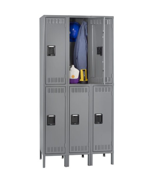 A gray metal locker unit with six compartments. Two upper compartments are open, revealing a blue hard hat, a blue jacket, and some bottles inside. The lower compartments remain closed.