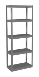 A gray metal shelving unit with five empty shelves. The unit stands on a flat surface, featuring perforated supports at each corner for adjustable shelving. The design is simple and utilitarian, suitable for storage or organizational purposes.