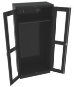 A tall, black metal storage cabinet with two open doors and multiple adjustable shelf slots inside. The doors have glass panels, and each door has a small lock mechanism on the side. The interior is empty.