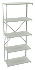 A metal storage shelving unit with five adjustable shelves and a cross-brace for support, shown against a white background.