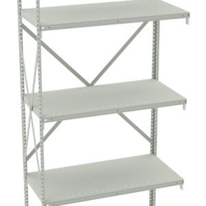 A metal storage shelving unit with five adjustable shelves and a cross-brace for support, shown against a white background.