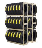 A shelf showcases rows of stacked tires, each boasting a bright yellow label. These tires are arranged neatly on a metal rack with three levels, maximizing storage efficiency and creating a grid of identical black tires with visible treads.