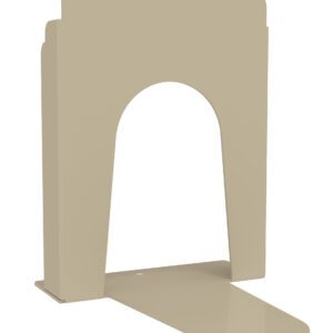 A beige, minimalist magazine holder made of metal with a curved arch design, featuring a narrow base for stability.