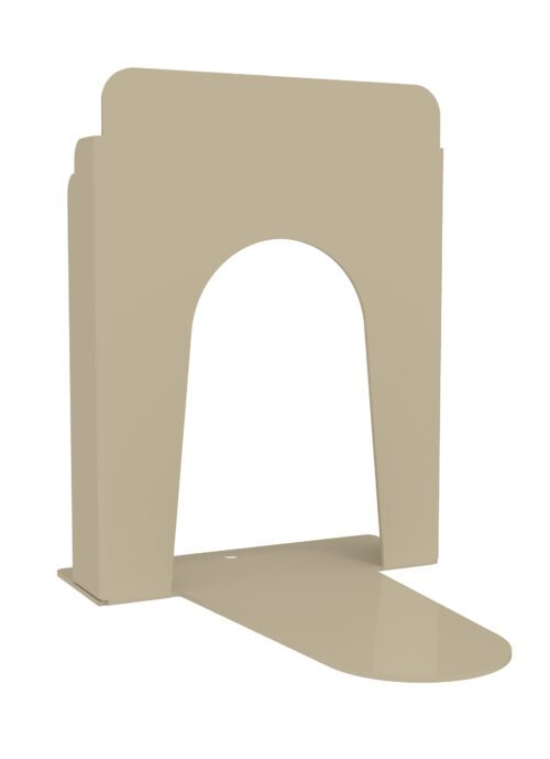 h7ymt1tfx5hbwxvabzzj.jpg A beige, minimalist magazine holder made of metal with a curved arch design, featuring a narrow base for stability.