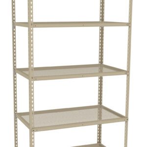 A beige metal shelving unit with five perforated shelves. The empty shelf is freestanding and has a simple, industrial design.