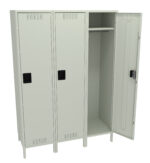 A metal locker unit with three vertical compartments, all in light gray. Two compartments have closed doors, while the third door is open, revealing an empty interior with a shelf and a rod for hanging items.