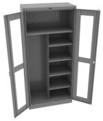 A metal storage cabinet with open double doors, featuring multiple shelves on the right side and spacious compartments on the left. The cabinet is gray and designed for organizing office or industrial supplies.