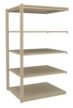 A beige metal shelving unit with five adjustable shelves. The unit has a minimalist design with perforated side supports for shelf adjustment. It stands on a flat surface with no items on the shelves.