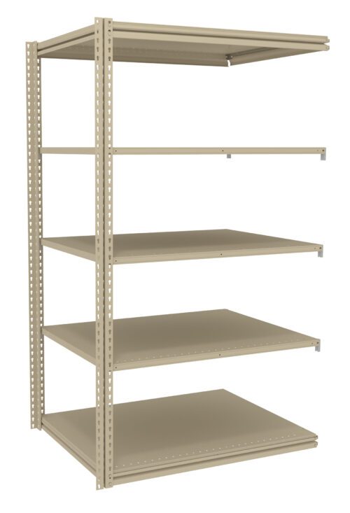 A beige metal shelving unit with five adjustable shelves. The unit has a minimalist design with perforated side supports for shelf adjustment. It stands on a flat surface with no items on the shelves.