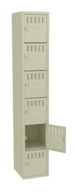 Tall beige locker with six compartments, each with a handle and ventilation slots. The bottom compartments door is open, revealing the empty interior.
