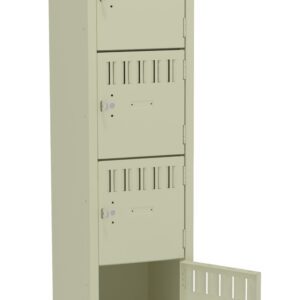 Tall beige locker with six compartments, each with a handle and ventilation slots. The bottom compartments door is open, revealing the empty interior.
