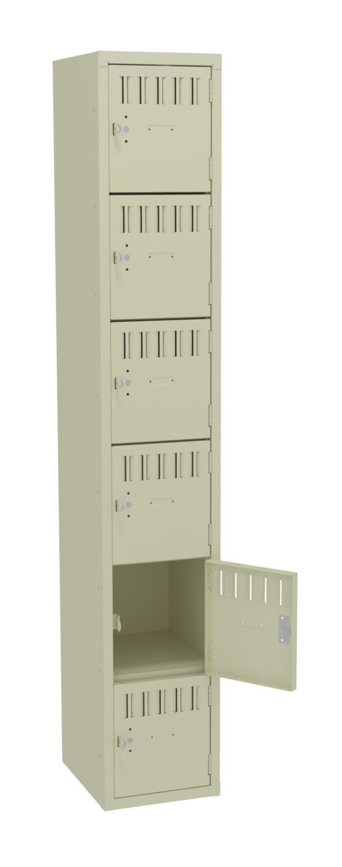 Tall beige locker with six compartments, each with a handle and ventilation slots. The bottom compartments door is open, revealing the empty interior.