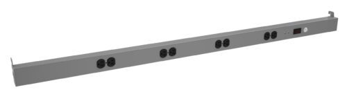 A long, rectangular metallic power strip with multiple round outlets is shown. It features a digital display and a single circular button on one end, designed for mounting in professional settings, ideal for enhancing efficiency in picking and packing solutions.