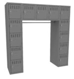 A U-shaped, freestanding gray locker unit with multiple square compartments. Each locker has a vented door and a lock mechanism. The unit has a horizontal section on top and two vertical sections on either side.
