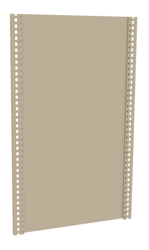 hakhgqqy0fakvvkox1eq.jpg A tall, beige metal shelving unit with a solid back panel and perforated sides, featuring multiple small rectangular holes for shelf adjustments. The unit is depicted against a plain white background.