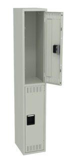 A tall, light gray metal locker with two separate compartments. The top compartment is open, revealing an empty interior, while the bottom compartment is closed. Each compartment has a black handle.
