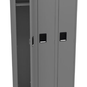 A gray metal locker with three compartments. The left door is open, revealing an empty interior, while the other two doors remain closed. Each door has a black rectangular handle. The locker stands on four legs.