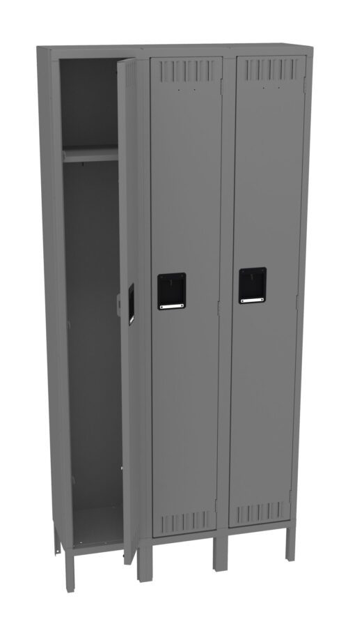 A gray metal locker with three compartments. The left door is open, revealing an empty interior, while the other two doors remain closed. Each door has a black rectangular handle. The locker stands on four legs.