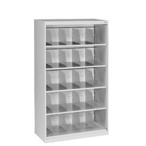 White storage shelf unit with multiple rows and clear dividers, designed for organized display or storage. The shelves are evenly spaced and adjustable for different uses. The unit has a clean, minimalist design.