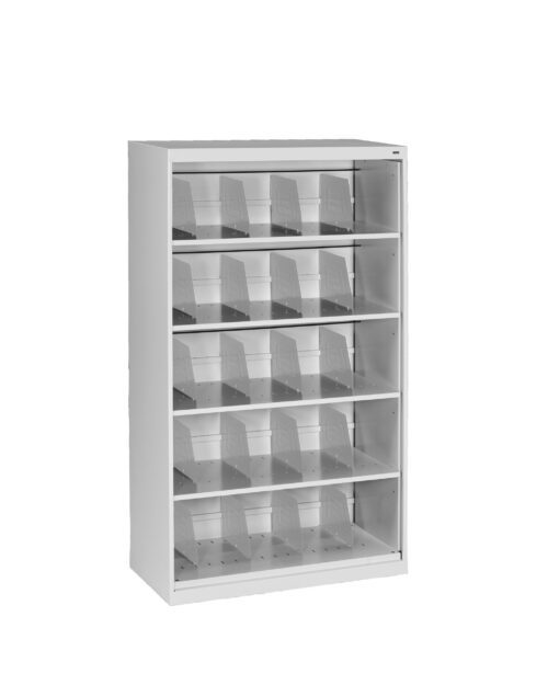 White storage shelf unit with multiple rows and clear dividers, designed for organized display or storage. The shelves are evenly spaced and adjustable for different uses. The unit has a clean, minimalist design.