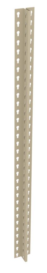 A beige metal bracket standing vertically, featuring a row of evenly spaced keyhole-shaped holes along its length. The bracket has a right-angle bend, forming two perpendicular faces.