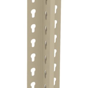 A beige metal bracket standing vertically, featuring a row of evenly spaced keyhole-shaped holes along its length. The bracket has a right-angle bend, forming two perpendicular faces.
