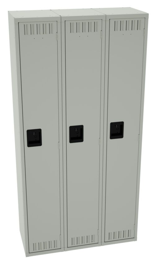 hcwcwunttfmoaqu356if.jpg A set of three light gray metal lockers, each with a black handle and ventilation slots at the top and bottom. The lockers are aligned side by side, standing upright.