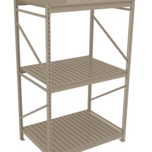 A beige, three-tier metal shelving unit with slatted shelves. The sturdy frame features support beams and open sides, suitable for storage or industrial use.