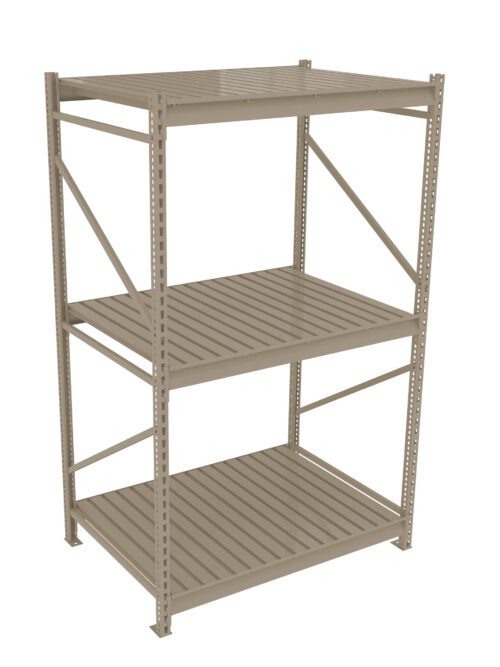 A beige, three-tier metal shelving unit with slatted shelves. The sturdy frame features support beams and open sides, suitable for storage or industrial use.