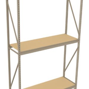 A beige, three-tier metal shelving unit with particle board shelves. The structure has vertical metal supports with perforated holes and diagonal metal braces for stability. The shelves are spaced evenly.
