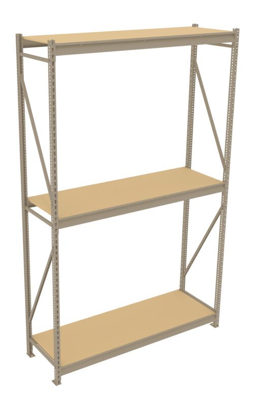 A beige, three-tier metal shelving unit with particle board shelves. The structure has vertical metal supports with perforated holes and diagonal metal braces for stability. The shelves are spaced evenly.