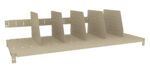 A beige metal shelf with five vertical dividers evenly spaced along its length. The dividers have rectangular perforations, and the shelf has a flat, perforated bottom surface.