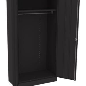 Black metal storage cabinet with one door open, revealing an empty interior. It features an adjustable shelf and a clothing rail inside. The cabinet has a sleek, industrial design.