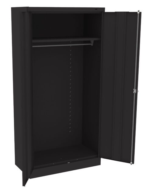 Black metal storage cabinet with one door open, revealing an empty interior. It features an adjustable shelf and a clothing rail inside. The cabinet has a sleek, industrial design.