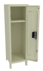 Beige metal cabinet with one open door, revealing a single interior shelf and empty inside. The door has vertical slits and a latch, and the cabinet stands on four short legs.