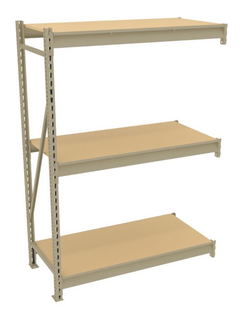 A beige three-tier metal shelving unit with adjustable shelves. The shelves are made of wood and supported by a metal frame with diagonal braces for stability. The unit is empty and set against a plain white background.