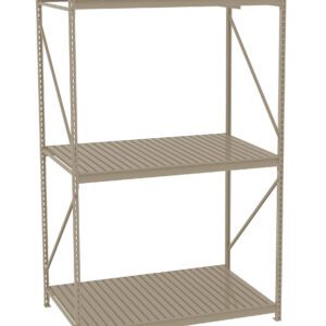A freestanding metal shelving unit with three beige slatted shelves. The frame is supported by diagonal braces on the sides for stability.