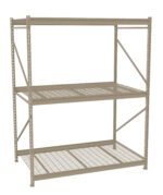 A beige metal storage shelving unit with three shelves. The top two shelves are solid, while the bottom one is a grid design. The frame consists of vertical posts with diagonal supports for stability.
