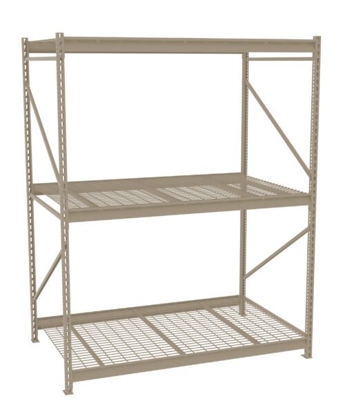 A beige metal storage shelving unit with three shelves. The top two shelves are solid, while the bottom one is a grid design. The frame consists of vertical posts with diagonal supports for stability.